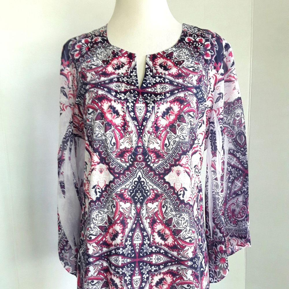 JM COLLECTION ABSTRACT BUTTERFLY SLEEVES TUNIC TOP SZ L